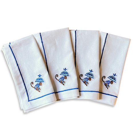 Embroidered 'Delft Blue Cheeky Monkeys' Napkins (set of 4)