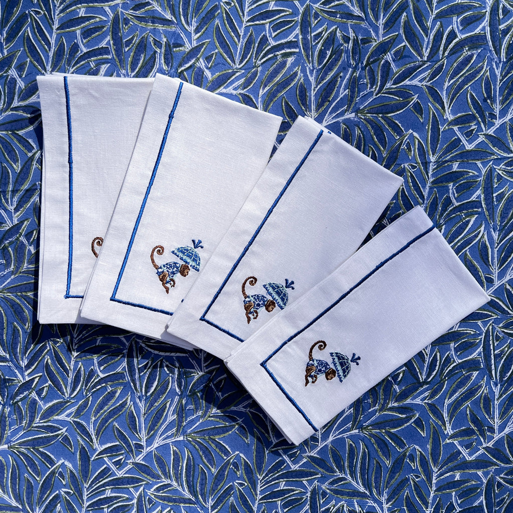 Embroidered 'Delft Blue Cheeky Monkeys' Napkins (set of 4)
