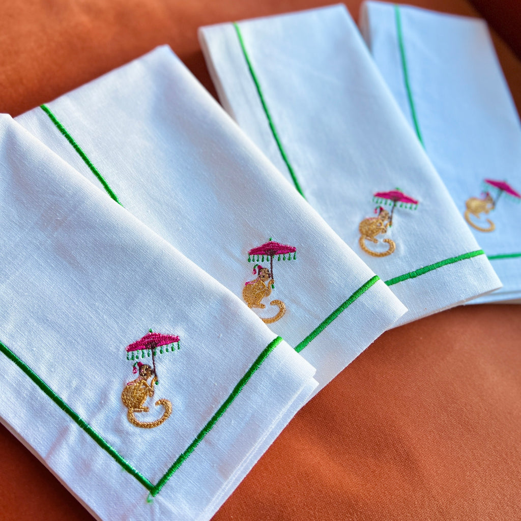 Embroidered 'Lime & Fuschia Cheeky Monkeys' Napkins (set of 4)