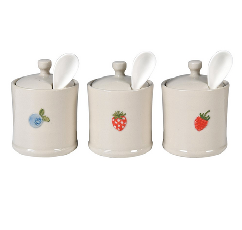 Set of 3 Ceramic Lidded Jam Pots with Fruit detail